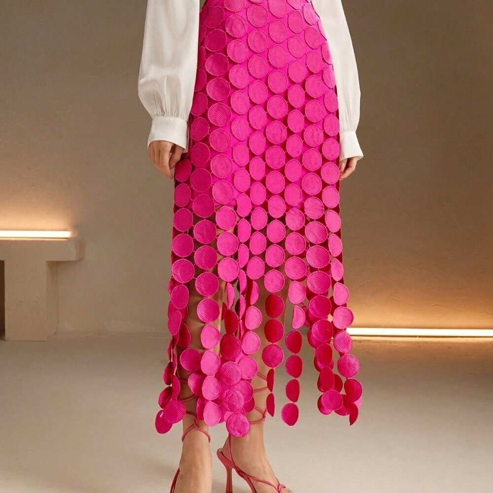 Pink Casual Women's Laser Cut Multi Circle Double Layered Skirt - Picture 7 of 8